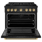 ZLINE 36 in. Gas Range 5.2 cu. ft. 6 Burner Cooktop Convection Gas Oven Black Stainless Steel Polished Gold Helix Handle & Knob Accents (SGRBZ-36-KG)