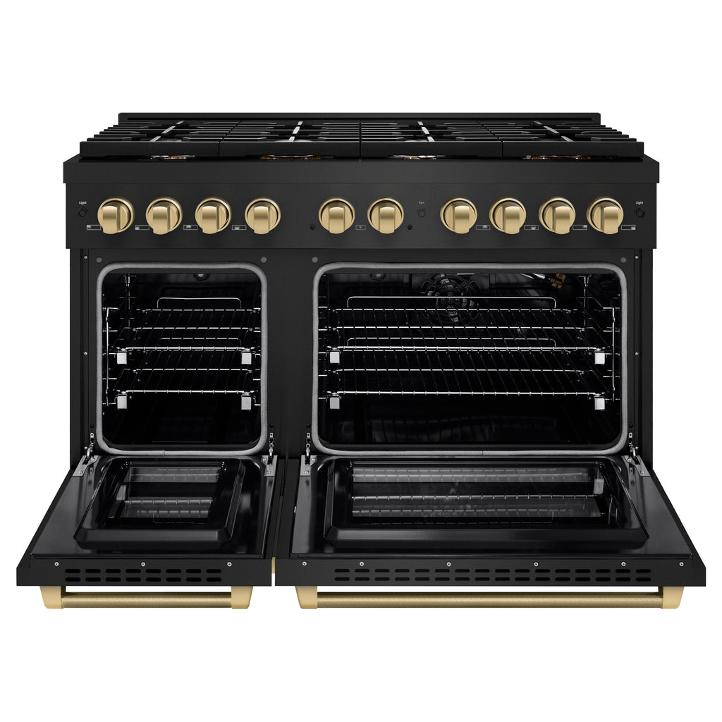 ZLINE 48 in. Gas Range Double Oven 6.7 cu. ft. 8 Burner Cooktop Black Stainless Steel with Champagne Bronze Helix Handles & Knobs (SGRBZ-48-KCB)