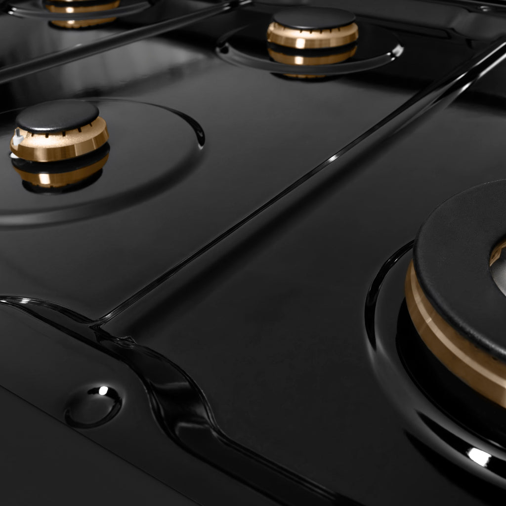ZLINE 48 in. Gas Range Double Oven 6.7 cu. ft. 8 Burner Cooktop Black Stainless Steel with Champagne Bronze Helix Handles & Knobs (SGRBZ-48-KCB)