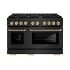 ZLINE 48 Inch Gas Range Double Oven 6.7 cu. ft. 8 Burner Cooktop Black Stainless Steel Polished Gold Helix Handles (SGRBZ-48-KG)