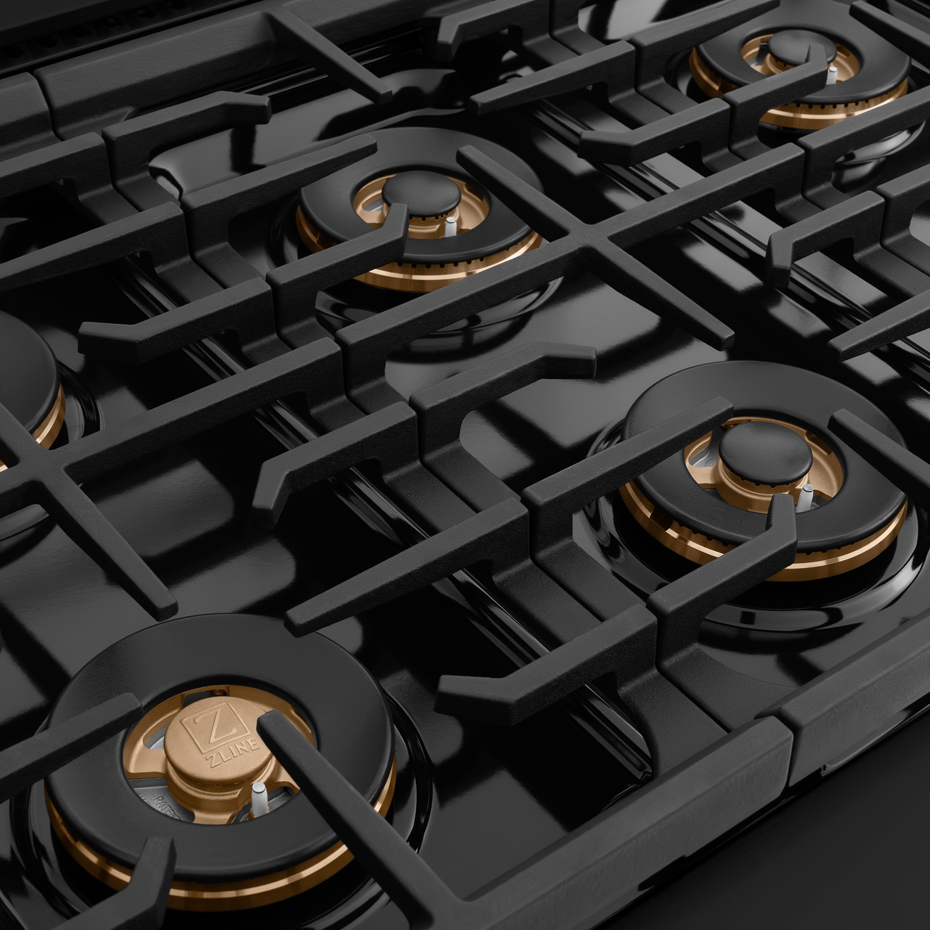 ZLINE 36 in. Gas Range 5.2 cu. ft. 6 Burner DuoPro™ Cooktop Convection Oven Black Stainless Steel Polished Gold Helix Handle (PSGRBZ-36-KG)