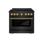 ZLINE 36 in. Gas Range 5.2 cu. ft. 6 Burner DuoPro™ Cooktop Convection Oven Black Stainless Steel Polished Gold Helix Handle (PSGRBZ-36-KG)