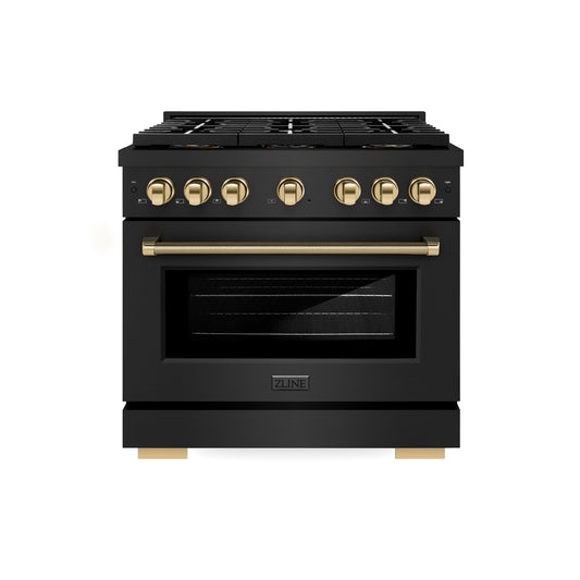 ZLINE 36 in. Gas Range 5.2 cu. ft. 6 Burner DuoPro™ Cooktop Convection Oven Black Stainless Steel Polished Gold Helix Handle (PSGRBZ-36-KG)