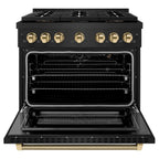 ZLINE 36 in. Gas Range 5.2 cu. ft. 6 Burner DuoPro™ Cooktop Convection Oven Black Stainless Steel Polished Gold Helix Handle (PSGRBZ-36-KG)