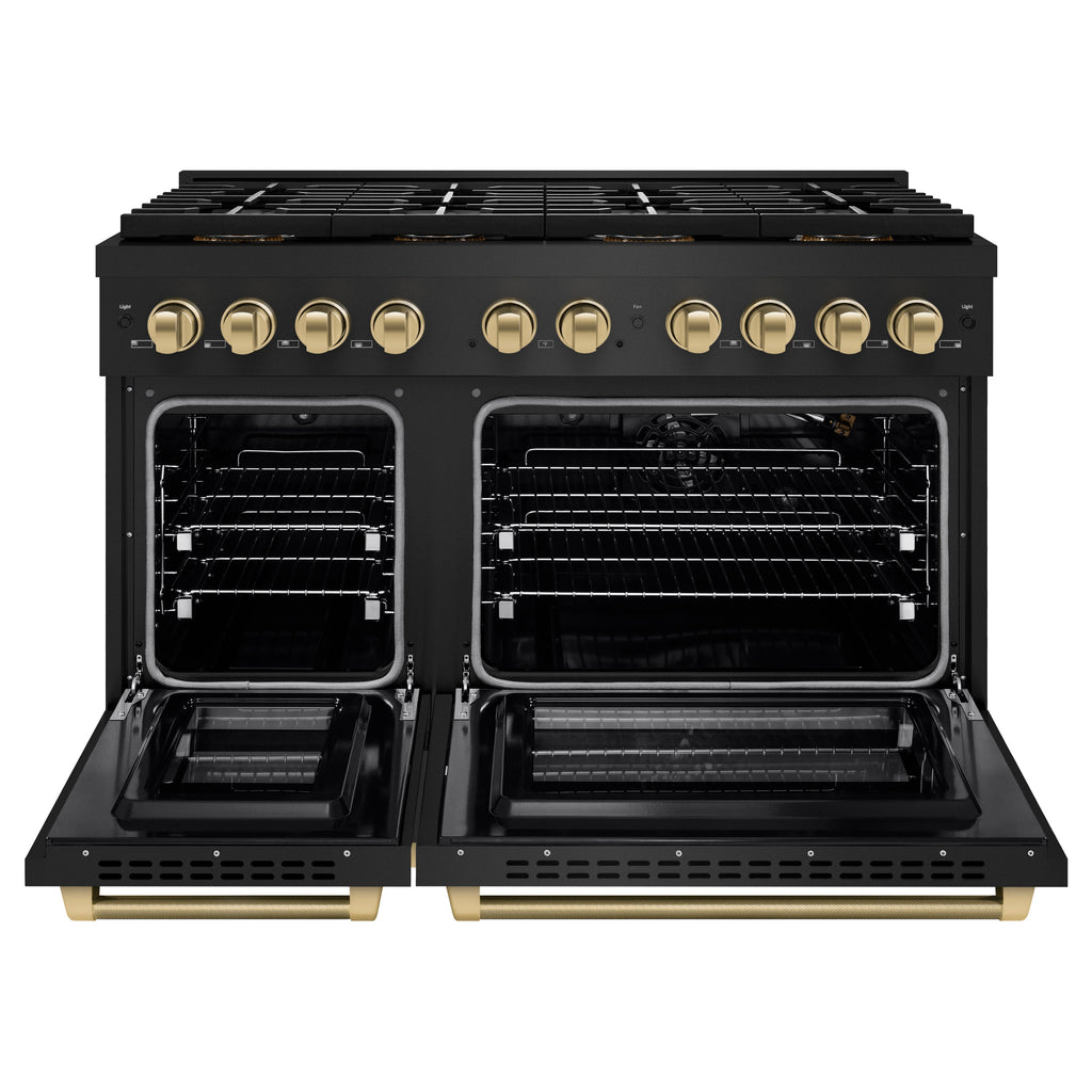 ZLINE 48 in Gas Range 6.7 cu ft 8 Burner DuoPro Dual Oven Black Stainless Steel Champagne Bronze Accents (PSGRBZ-48-KCB)