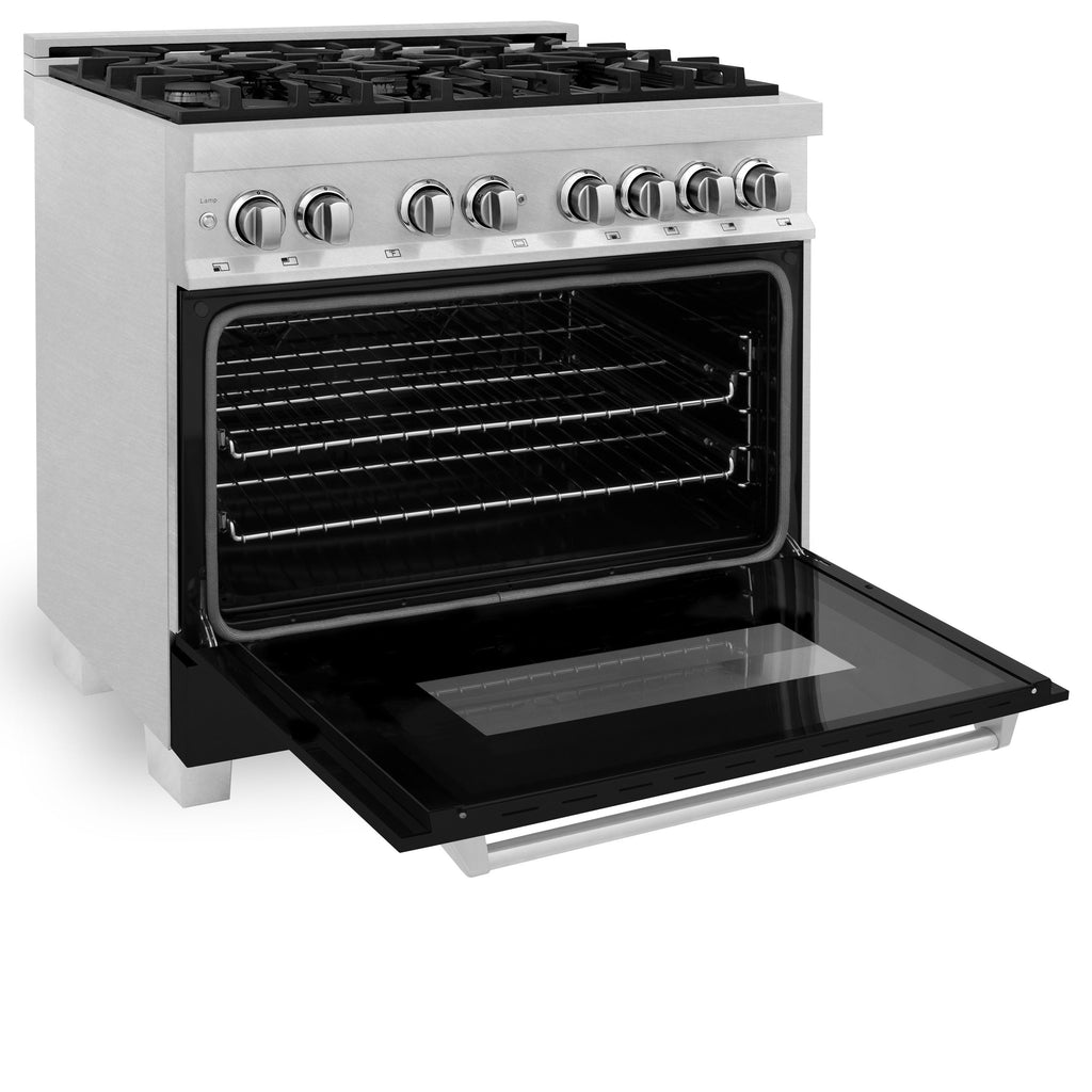 ZLINE Legacy 36-Inch Dual Fuel Range, 4.6 cu. ft. Electric Convection Oven, 6-Burner Gas Cooktop, Satin Stainless Steel with Black Matte Door – Model RAS-BLM-36