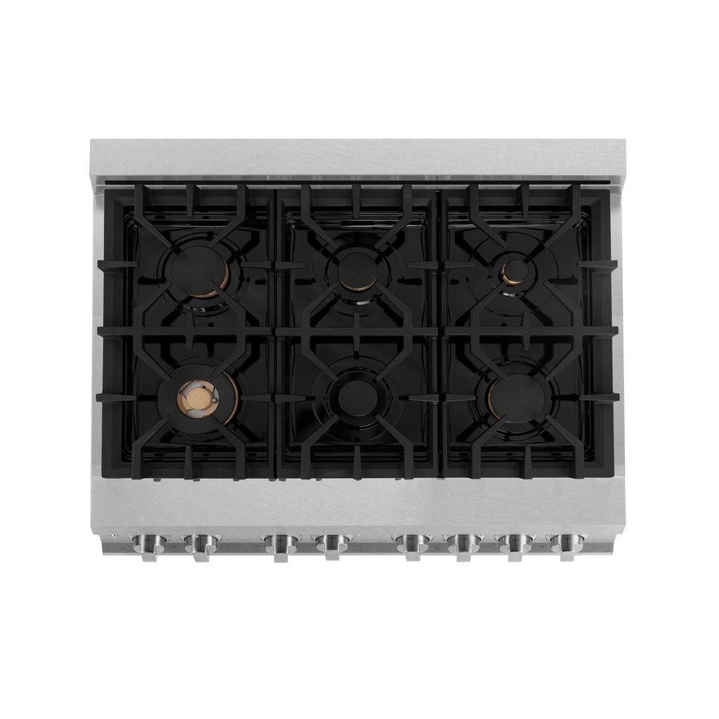 ZLINE 36 in. 4.6 cu. ft. Legacy Series Dual Fuel Range with 6-Burner Gas Cooktop and Electric Convection Oven in Satin Stainless Steel with Brass Burners (RAS-SN-BR-36)