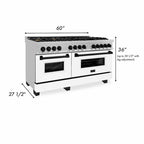 ZLINE Autograph 60 in. Legacy Dual Fuel Range with 9 Gas Burners and Double Electric Convection Ovens, 7.4 cu. ft., Satin Stainless Steel with White Matte Doors and Matte Black Accents (RASZ-WM-60-MB)