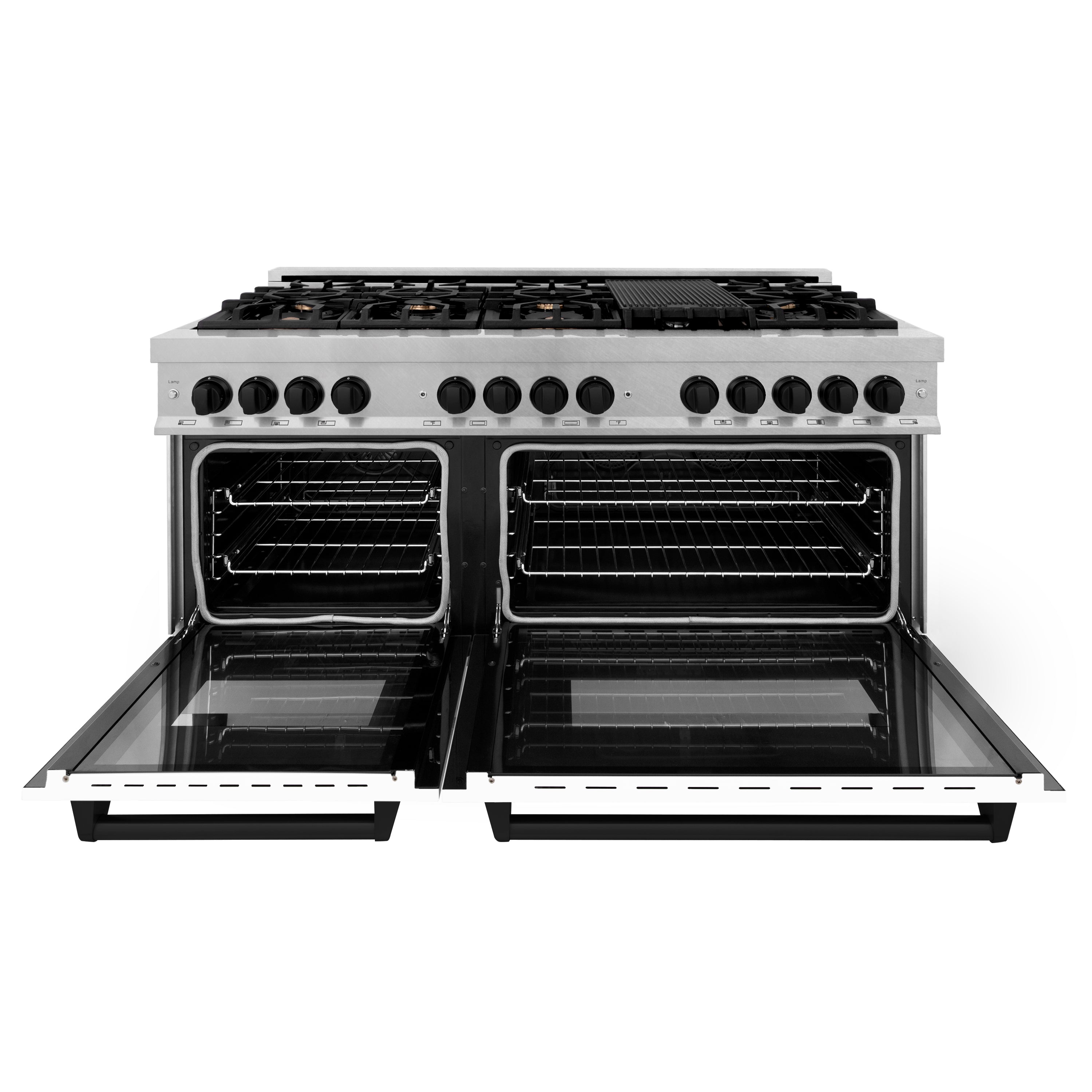 ZLINE Autograph 60 in. Legacy Dual Fuel Range with 9 Gas Burners and Double Electric Convection Ovens, 7.4 cu. ft., Satin Stainless Steel with White Matte Doors and Matte Black Accents (RASZ-WM-60-MB)