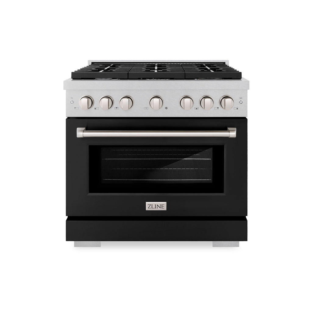 ZLINE 36 in. Paramount Dual Fuel Range, 6 Burner Gas Cooktop, Electric Convection Oven, 5.2 cu. ft., Satin Stainless Steel with Black Matte Door (SDRS-BLM-36)