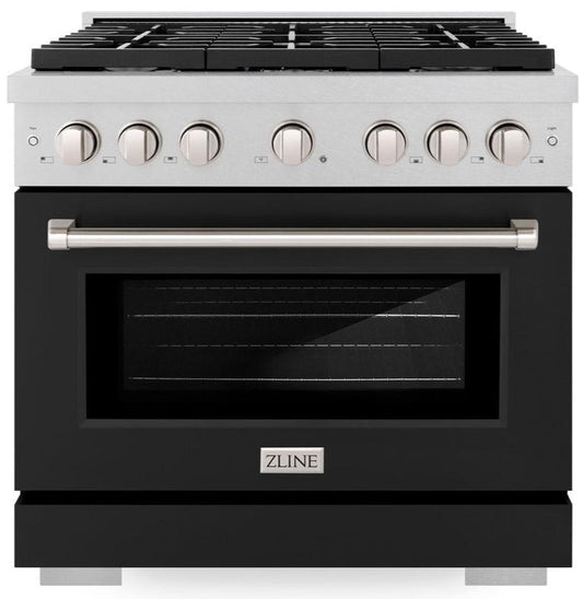 ZLINE 36 in. Paramount Dual Fuel Range, 6 Burner Gas Cooktop, Electric Convection Oven, 5.2 cu. ft., Satin Stainless Steel with Black Matte Door (SDRS-BLM-36)
