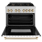 ZLINE Autograph 36 in. 4.6 cu. ft. Legacy Dual Fuel Range with 6 Burner Gas Cooktop and Electric Convection Oven in Satin Stainless Steel with White Matte Door and Polished Gold Accents (RASZ-WM-36-G)