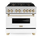 ZLINE Autograph 36 in. 4.6 cu. ft. Legacy Dual Fuel Range with 6 Burner Gas Cooktop and Electric Convection Oven in Satin Stainless Steel with White Matte Door and Polished Gold Accents (RASZ-WM-36-G)