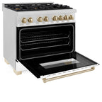 ZLINE Autograph 36 in. 4.6 cu. ft. Legacy Dual Fuel Range with 6 Burner Gas Cooktop and Electric Convection Oven in Satin Stainless Steel with White Matte Door and Polished Gold Accents (RASZ-WM-36-G)