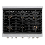 ZLINE Paramount 36" Dual Fuel Range with 6 Brass Burners, Gas Cooktop & Electric Convection Oven, Satin Stainless Steel, 5.2 cu. ft., SDRS-BR-36