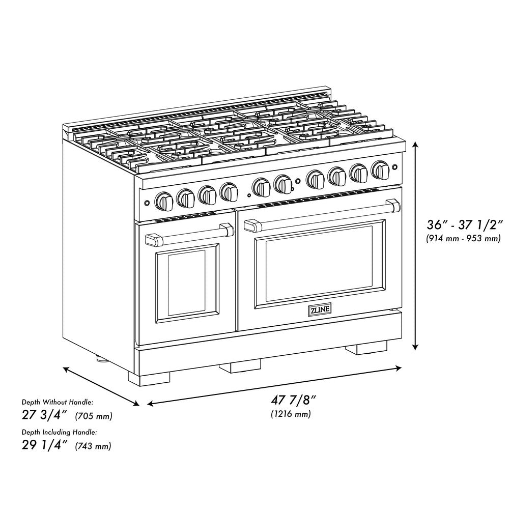 ZLINE Paramount 48 in. Double Oven Dual Fuel Range 6.7 cu. ft. with 8 Brass Burners in Satin Stainless Steel (SDRS-BR-48)