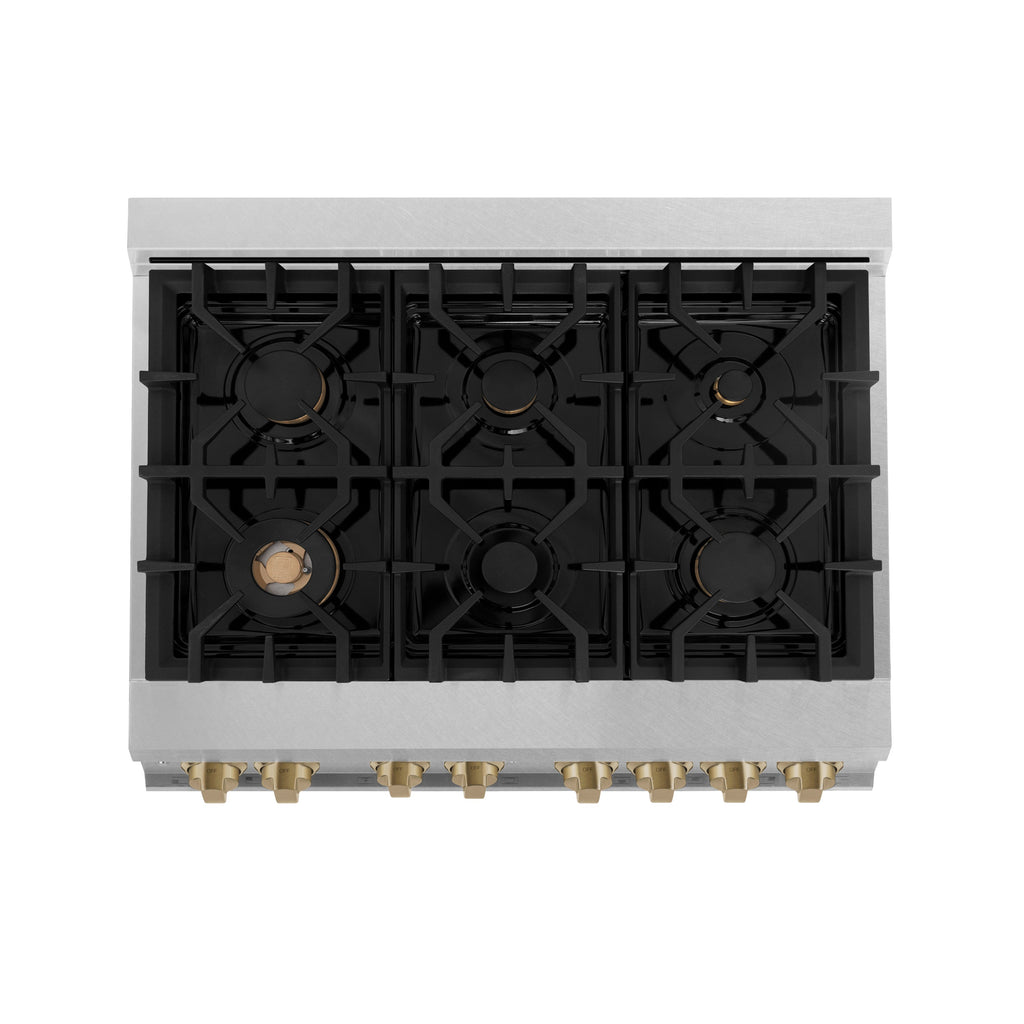 ZLINE Autograph Edition 36 in. 4.6 cu. ft. Legacy Dual Fuel Range with 6 Burner Gas Cooktop and Electric Convection Oven in Satin Stainless Steel with Champagne Bronze Accents (RASZ-SN-36-CB)