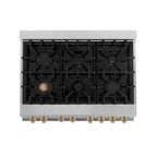 ZLINE Autograph Edition 36 in. 4.6 cu. ft. Legacy Dual Fuel Range with 6 Burner Gas Cooktop and Electric Convection Oven in Satin Stainless Steel with Champagne Bronze Accents (RASZ-SN-36-CB)