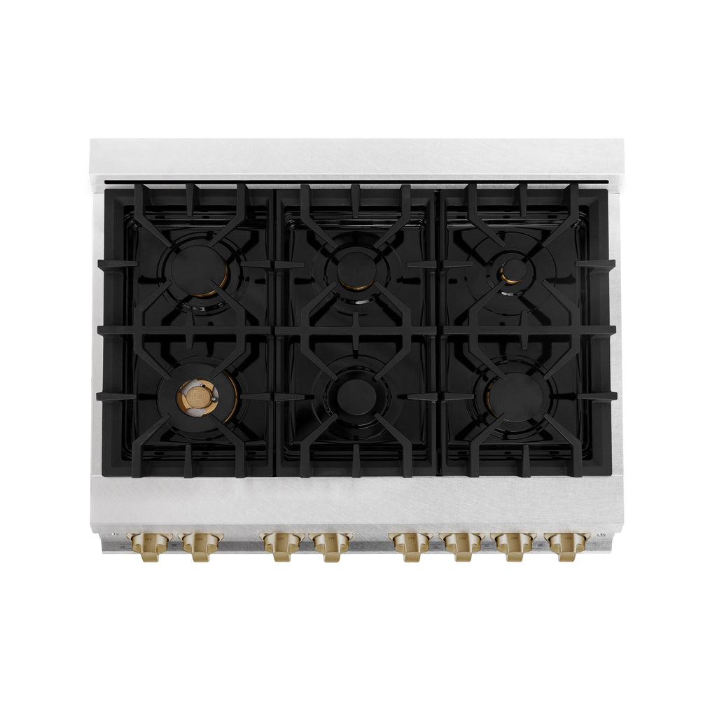 ZLINE Autograph Edition 36 in. 4.6 cu. ft. Legacy Dual Fuel Range with 6 Sealed Gas Burners and Electric Convection Oven in Satin Stainless Steel with White Matte Door and Champagne Bronze Accents (RASZ-WM-36-CB)