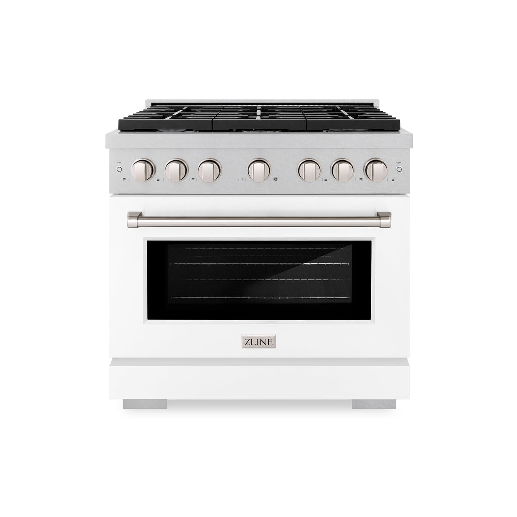 ZLINE Paramount 36 in. Dual Fuel Range with 6 Gas Burners and Electric Convection Oven, 5.2 cu. ft., Satin Stainless Steel with White Matte Door (SDRS-WM-36)