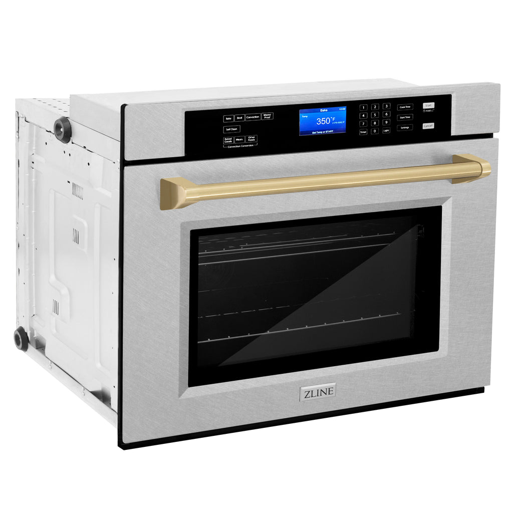 ZLINE 30" Autograph Professional True Convection Single Wall Oven with Air Fry and Self Clean in Satin Stainless Steel with Champagne Bronze Handle, WASSZ-30-CB