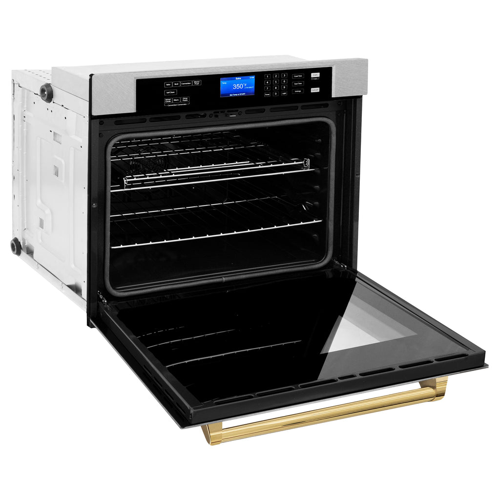 ZLINE 30" Autograph Professional True Convection Single Wall Oven with Air Fry and Self Clean in Satin Stainless Steel with Polished Gold Handle, WASSZ-30-G