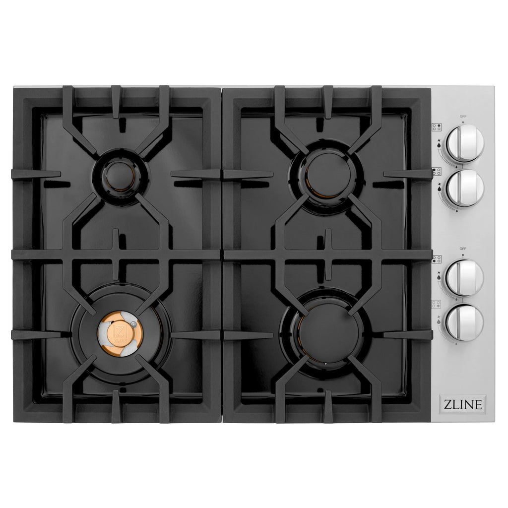 ZLINE 30" Gas Cooktop with 4 Gas Brass Burners and Black Porcelain Top, RC-BR-30-PBT