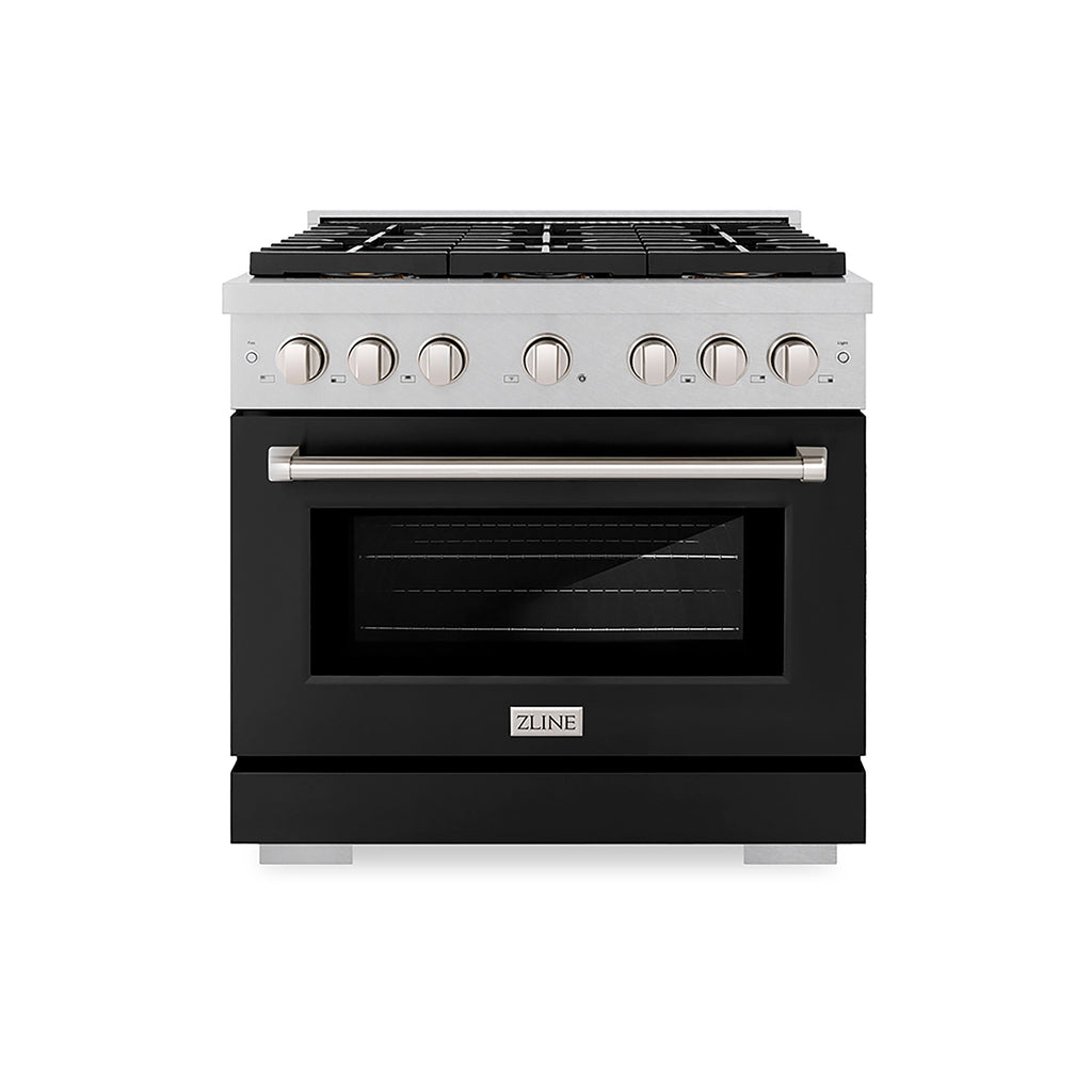 ZLINE 36 in. Dual Fuel Range 5.2 cu. ft. 6 Burner DuoPro™ Cooktop Electric Convection Oven Satin Stainless Steel with Black Matte Door (PSDRS-BLM-36)