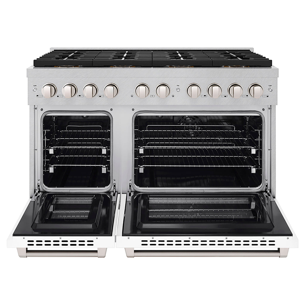 ZLINE 48 in. Dual Fuel Range 6.7 cu. ft. with 8 Burner DuoPro™ Cooktop, Dual Ovens, Satin Stainless Steel with White Matte Doors (PSDRS-WM-48)