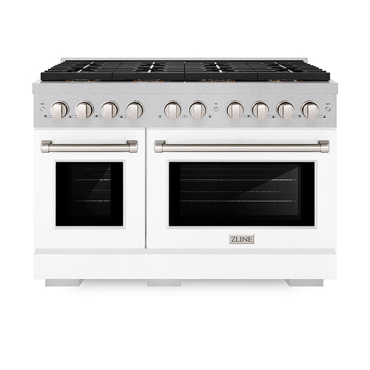 ZLINE 48 in. Dual Fuel Range 6.7 cu. ft. with 8 Burner DuoPro™ Cooktop, Dual Ovens, Satin Stainless Steel with White Matte Doors (PSDRS-WM-48)
