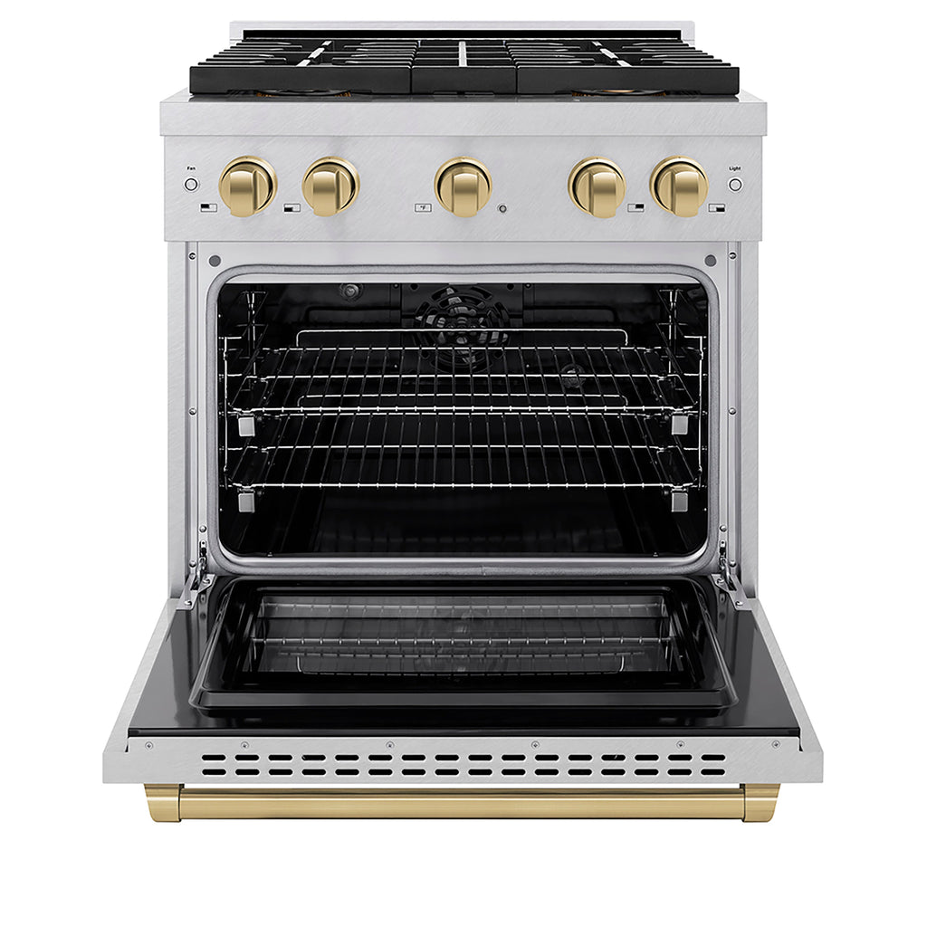 ZLINE 30 in. Dual Fuel Range 4.2 cu. ft. – 4 Burner DuoPro™ Cooktop, Electric Convection Oven, Satin Stainless Steel with Champagne Bronze Accents (PSDRSZ-30-CB)