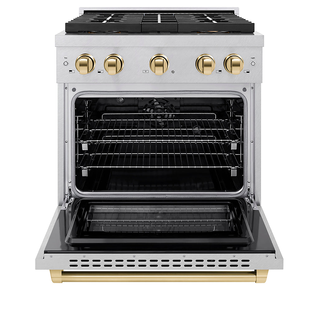 ZLINE 30 in. Dual Fuel Range 4.2 cu. ft. Paramount Series with 4 Burner DuoPro™ Cooktop, Electric Convection Oven, Satin Stainless Steel with Polished Gold Accents (PSDRSZ-30-G)