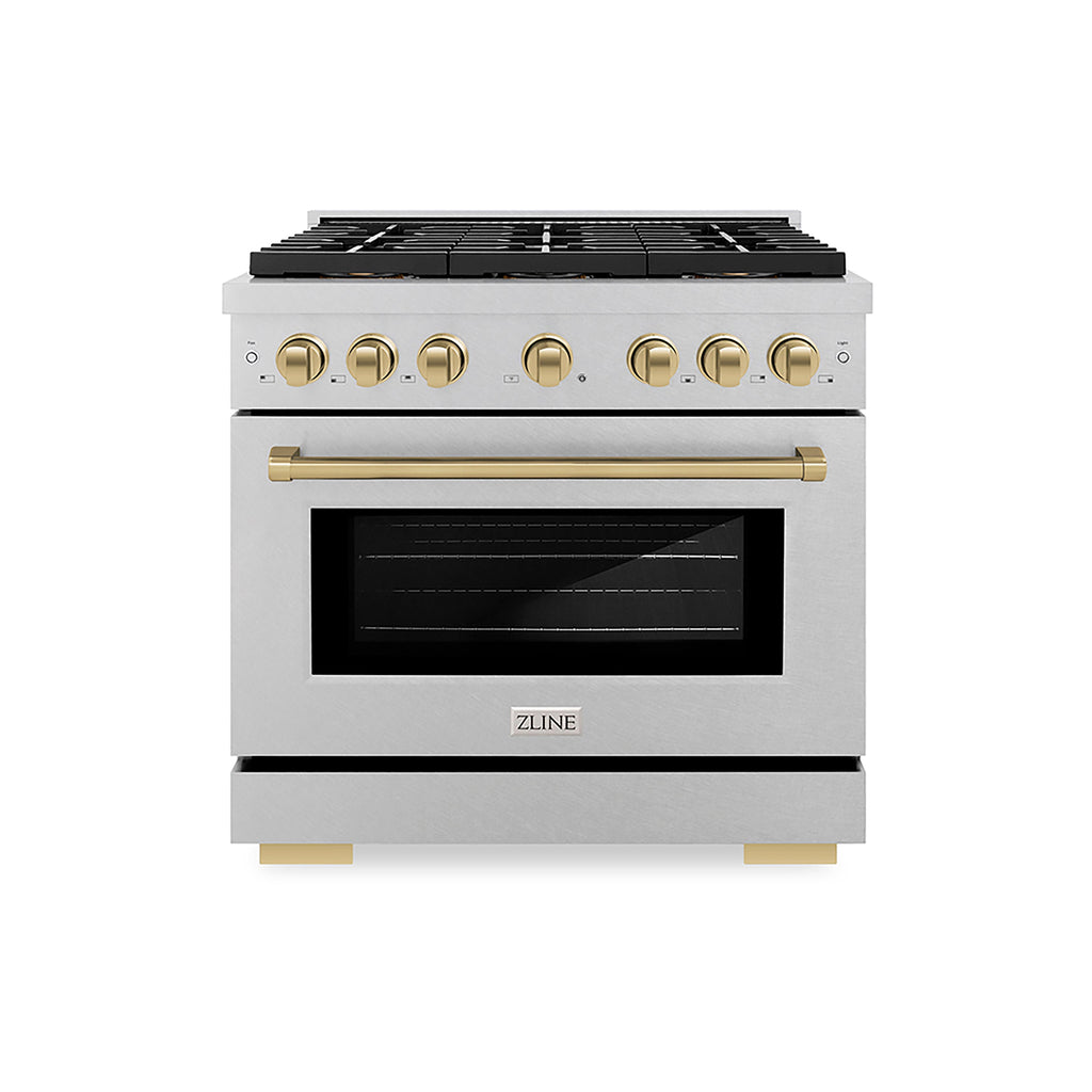 ZLINE 36 in. Dual Fuel Range 5.2 cu. ft. 6 Burner DuoPro™ Cooktop Electric Convection Oven Satin Stainless Steel Champagne Bronze Accents (PSDRSZ-36-CB)