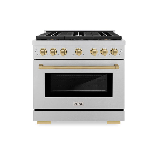 ZLINE 36 in. Dual Fuel Range 5.2 cu. ft. 6 Burner DuoPro™ Cooktop Electric Convection Oven Satin Stainless Steel Champagne Bronze Accents (PSDRSZ-36-CB)