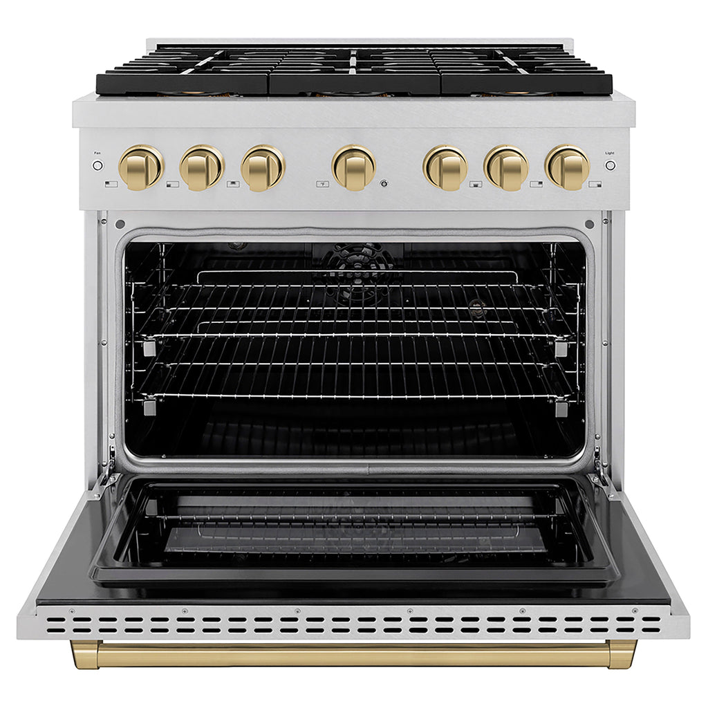 ZLINE 36 in. Dual Fuel Range 5.2 cu. ft. 6 Burner DuoPro™ Cooktop Electric Convection Oven Satin Stainless Steel Champagne Bronze Accents (PSDRSZ-36-CB)