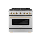 ZLINE 36 in. Paramount Autograph Edition Dual Fuel Range – 5.2 cu. ft. Capacity, 6 Burner DuoPro™ Cooktop, Electric Convection Oven, Satin Stainless Steel with Polished Gold Accents (PSDRSZ-36-G)