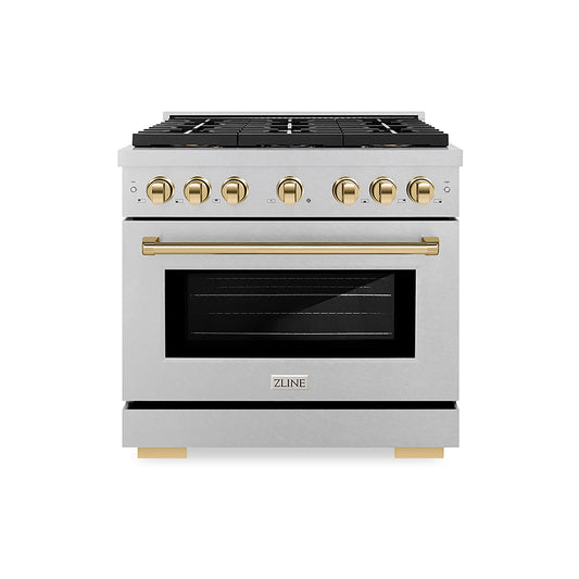 ZLINE 36 in. Paramount Autograph Edition Dual Fuel Range – 5.2 cu. ft. Capacity, 6 Burner DuoPro™ Cooktop, Electric Convection Oven, Satin Stainless Steel with Polished Gold Accents (PSDRSZ-36-G)
