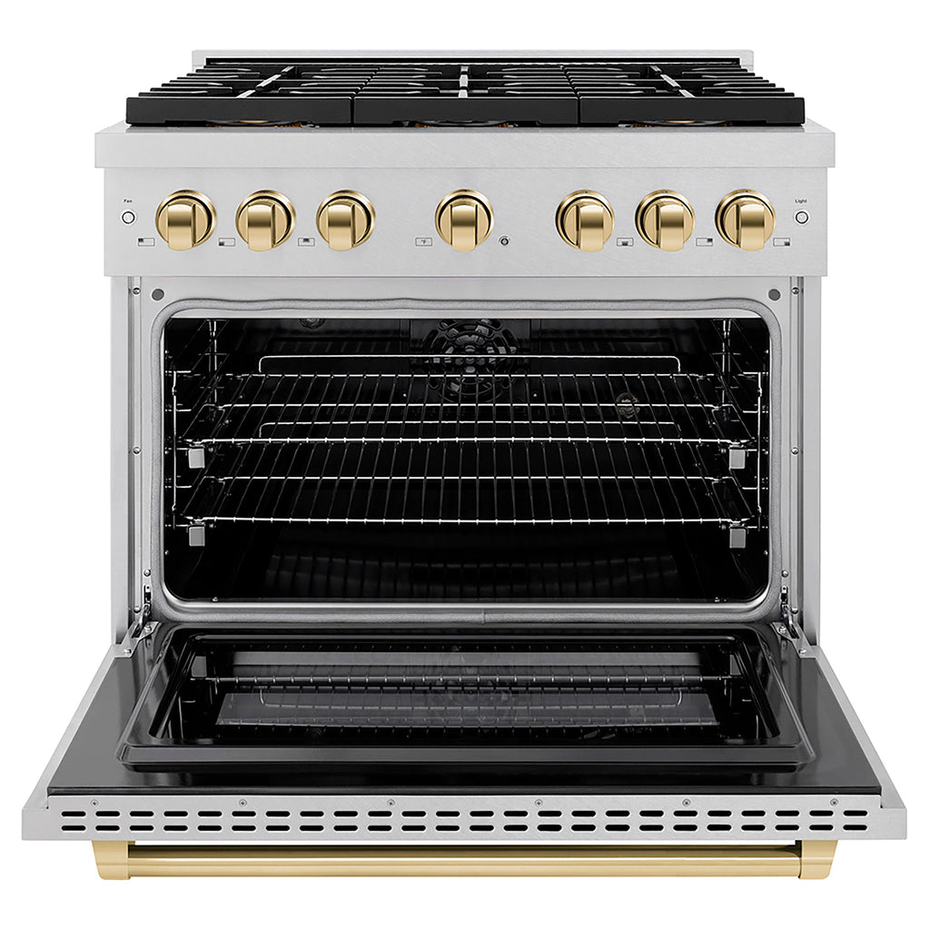 ZLINE 36 in. Paramount Autograph Edition Dual Fuel Range – 5.2 cu. ft. Capacity, 6 Burner DuoPro™ Cooktop, Electric Convection Oven, Satin Stainless Steel with Polished Gold Accents (PSDRSZ-36-G)