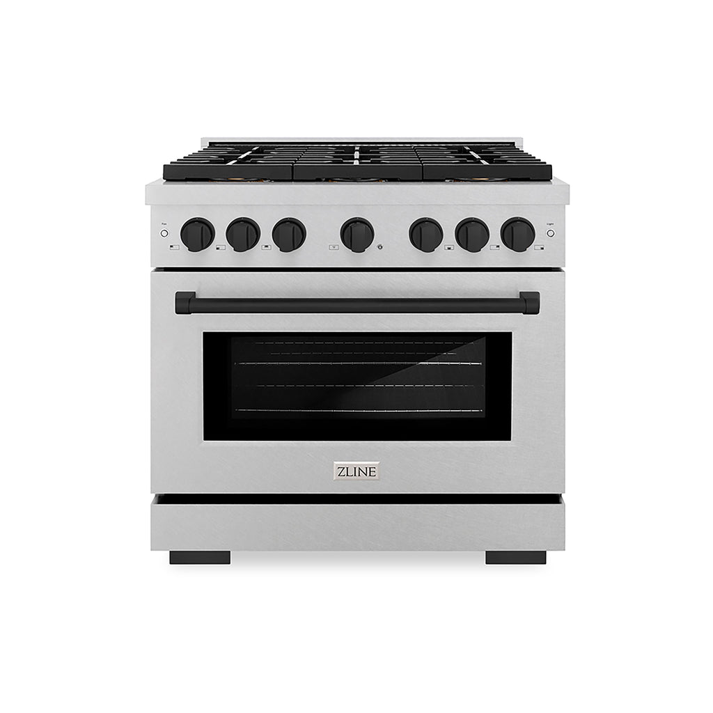 ZLINE 36 in. Dual Fuel Range 5.2 cu. ft. 6 Burner DuoPro™ Cooktop Electric Convection Oven Satin Stainless Steel with Matte Black Accents (PSDRSZ-36-MB)