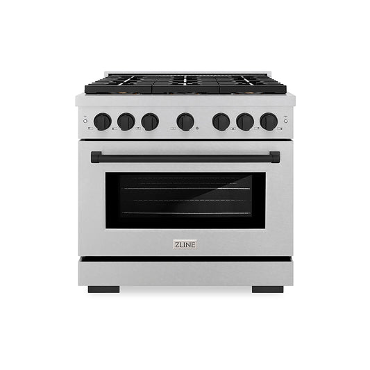 ZLINE 36 in. Dual Fuel Range 5.2 cu. ft. 6 Burner DuoPro™ Cooktop Electric Convection Oven Satin Stainless Steel with Matte Black Accents (PSDRSZ-36-MB)