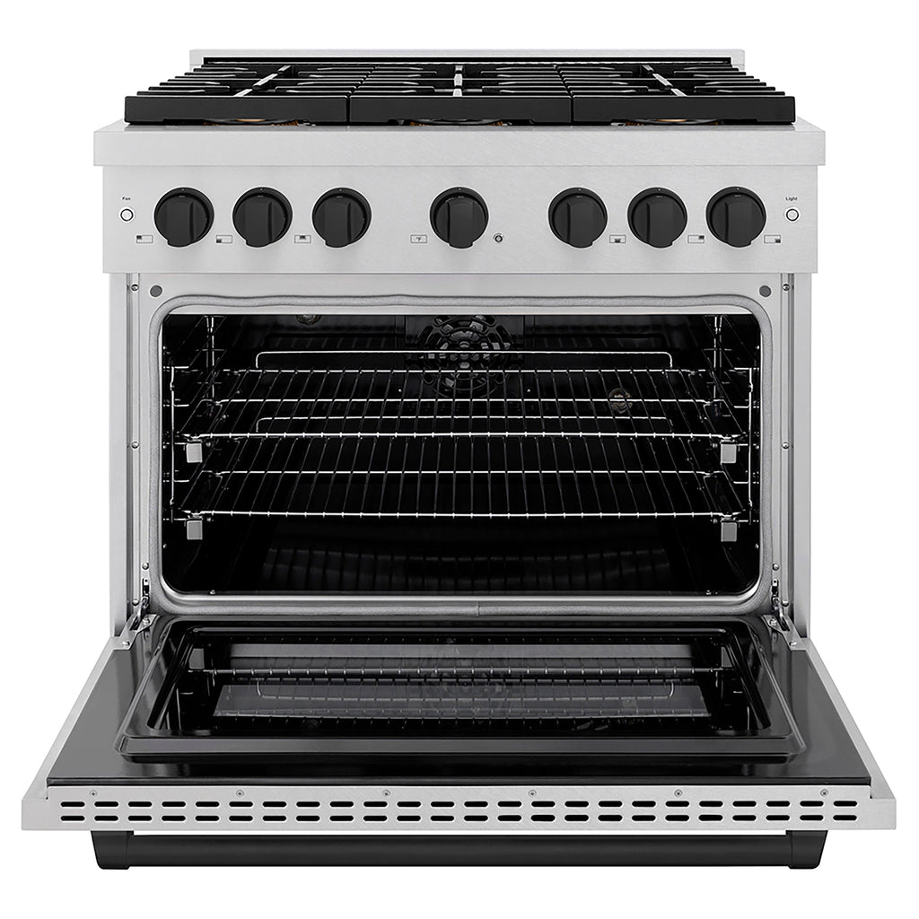 ZLINE 36 in. Dual Fuel Range 5.2 cu. ft. 6 Burner DuoPro™ Cooktop Electric Convection Oven Satin Stainless Steel with Matte Black Accents (PSDRSZ-36-MB)
