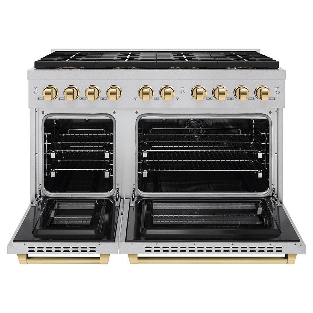 ZLINE 48 in. Dual Fuel Range 6.7 cu. ft. 8 Burners DuoPro Cooktop Dual Ovens Satin Stainless Steel Polished Gold Accents (PSDRSZ-48-G)