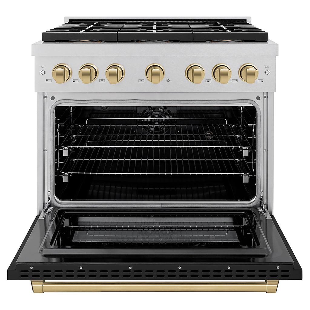ZLINE 36 in. Dual Fuel Range 5.2 cu. ft. 6 Burner DuoPro™ Cooktop Electric Convection Oven Satin Stainless Steel Black Matte Door Champagne Bronze Accents (PSDRSZ-BLM36-CB)