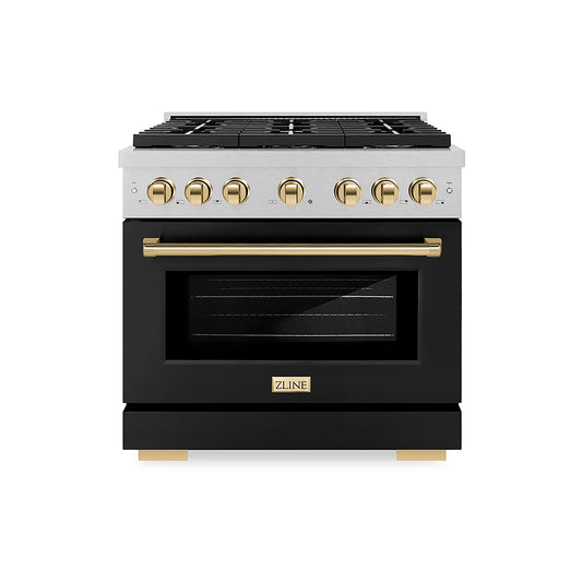 ZLINE 36 in. Dual Fuel Range 5.2 cu. ft. 6 Burner DuoPro™ Cooktop Electric Convection Oven Satin Stainless Steel Black Matte Door Polished Gold Accents (PSDRSZ-BLM36-G)