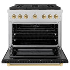 ZLINE 36 in. Dual Fuel Range 5.2 cu. ft. 6 Burner DuoPro™ Cooktop Electric Convection Oven Satin Stainless Steel Black Matte Door Polished Gold Accents (PSDRSZ-BLM36-G)