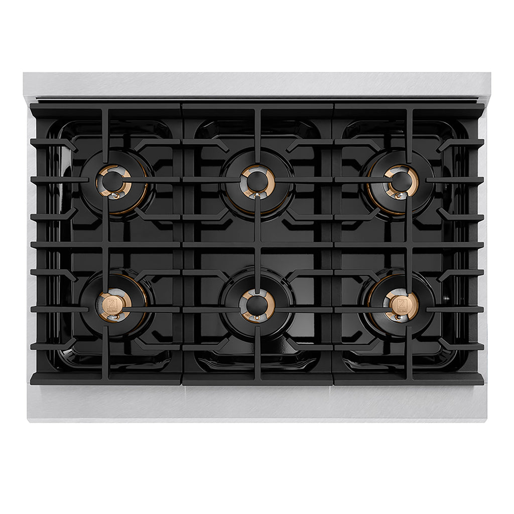 ZLINE 36 in. Dual Fuel Range 5.2 cu. ft. 6 Burner DuoPro™ Cooktop Electric Convection Oven Satin Stainless Steel Black Matte Door Polished Gold Accents (PSDRSZ-BLM36-G)