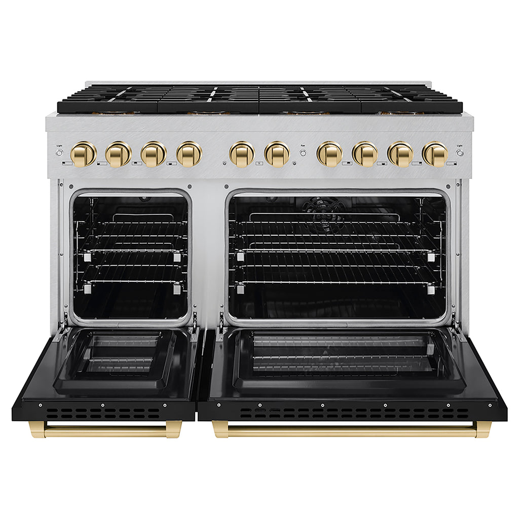 ZLINE 48 in. Dual Fuel Range 6.7 cu. ft. 8 Burner DuoPro™ Cooktop Dual Ovens Satin Stainless Steel Black Matte Doors Polished Gold Accents (PSDRSZ-BLM48-G)