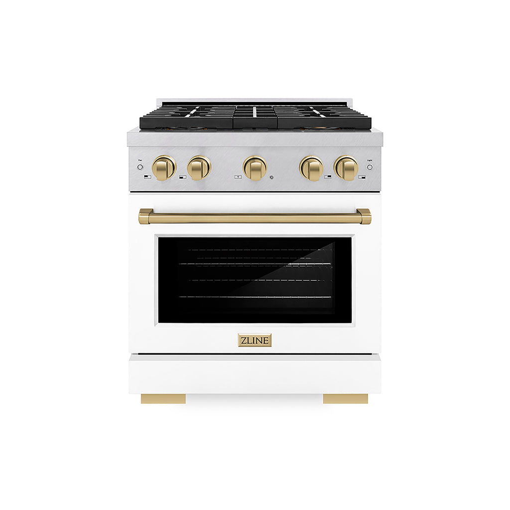 ZLINE 30 in. Dual Fuel Range 4.2 cu. ft. 4 Burner DuoPro™ Cooktop Electric Convection Oven Satin Stainless Steel White Matte Door Champagne Bronze Accents (PSDRSZ-WM-30-CB)