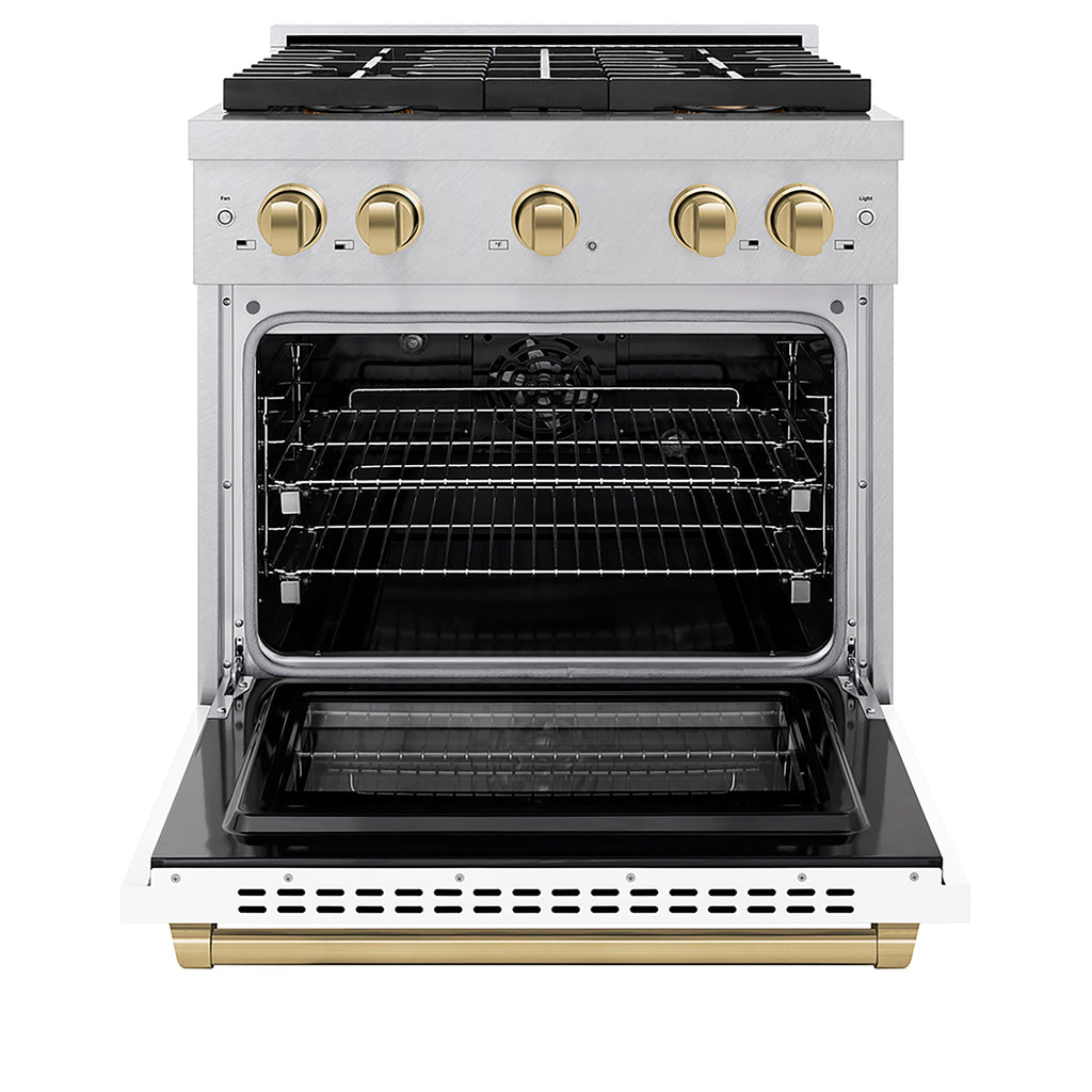ZLINE 30 in. Dual Fuel Range 4.2 cu. ft. 4 Burner DuoPro™ Cooktop Electric Convection Oven Satin Stainless Steel White Matte Door Champagne Bronze Accents (PSDRSZ-WM-30-CB)