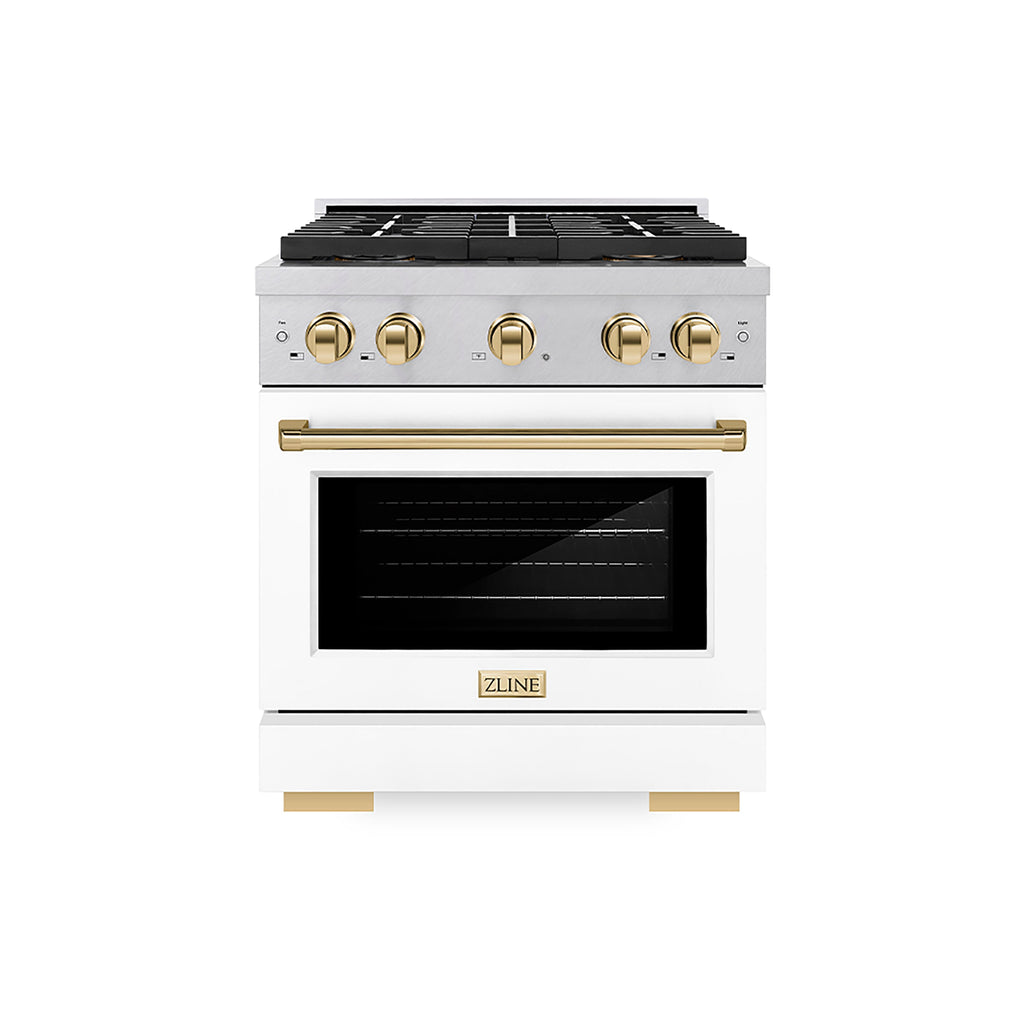 ZLINE 30 in. Dual Fuel Range 4.2 cu. ft. 4 Burner DuoPro™ Cooktop Electric Convection Oven Satin Stainless Steel White Matte Door Polished Gold Accents (PSDRSZ-WM-30-G)